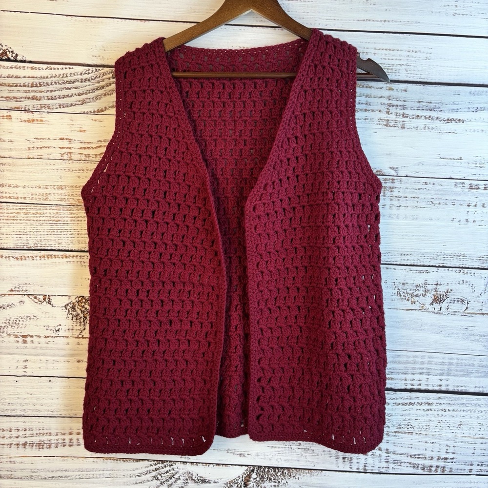 Vintage‎ Handmade Crochet Sweater Vest M/L Red Open Boho Artsy Hippie Statement
